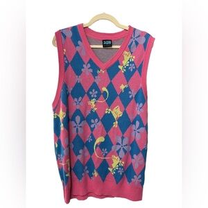 Women’s 70s style Colorful Argyle Sleeveless Vest with Frog Design Size Large